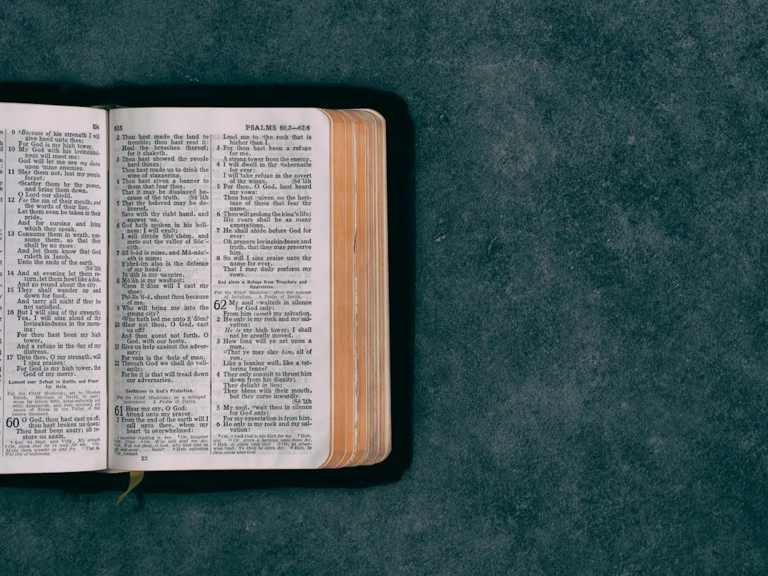 An open pocket Bible resting on a green surface